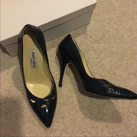 Jimmy Choo Navy Blue Snakeskin & Leather Pointed-Toe Pumps – Size 37.5